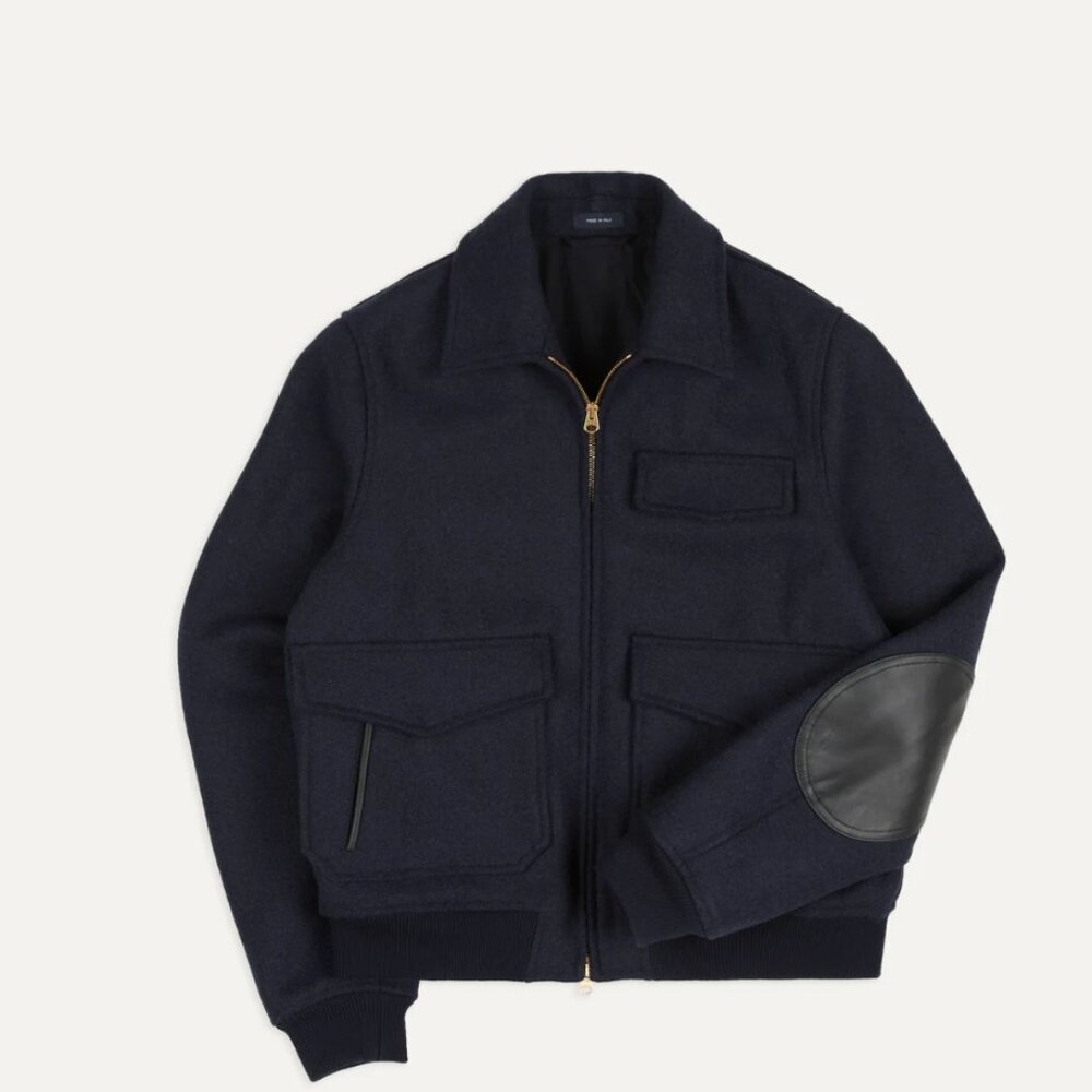 Drakes - Navy Wool and Leather A-2 Bomber Jacket - Size 36